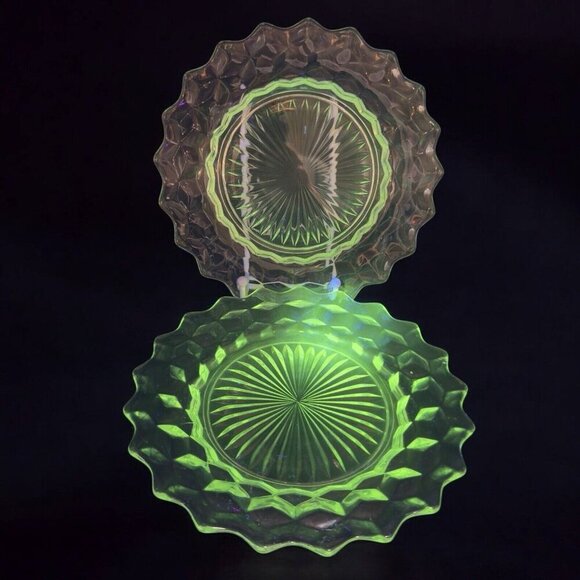Fostoria American Dish Plate Set 2 Clear Glass Manganese 365nm Green UV Glow VTG - Picture 1 of 16